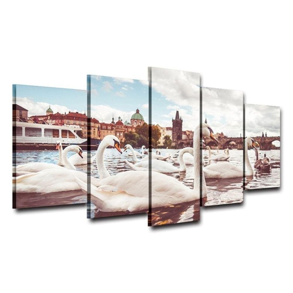 Quadro Decorativo Cisne 5 partes 130x65 em tecido