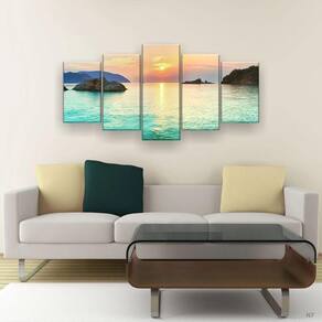 Quadro Decorativo Praia Por Do Sol Azul Hd 129x61 Quartosala
