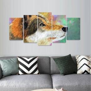 Quadro decorativo Lobo Artístico Colorido Mosaico 5 Peças