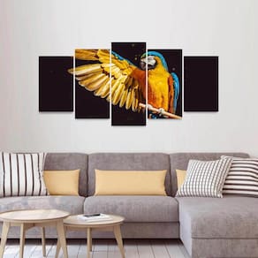 Quadro Arara Amarela Mosaico 5 Peças 130x63 Sala Quarto
