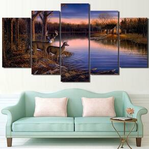 Quadro Decorativo Veados 5 partes 130x65 em tecido