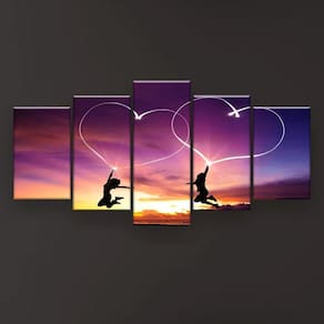 Quadro Decorativo Coração Céu Roxo 5pc 129x61 Sala Quarto