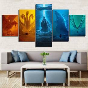Quadro Decorativo Godzilla5 peças 130x65 cm em tecido
