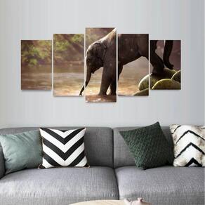 Quadro Mosaico Elefante Filhote Paisagem Arte 5 Peças
