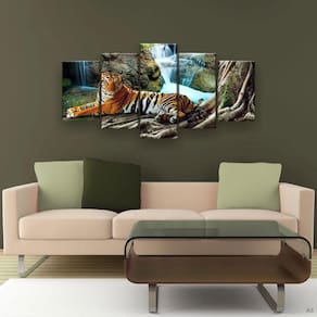Quadro Decorativo Tigre Cachoeira Hd 129x61 Quarto Sala