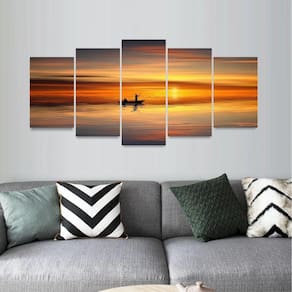 Quadro Pôr do Sol Oceano Barco Mar Mosaico 5 Peças