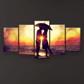 Quadro Decorativo Casal Guarda Chuva 5pc 129x61 Sala Quarto