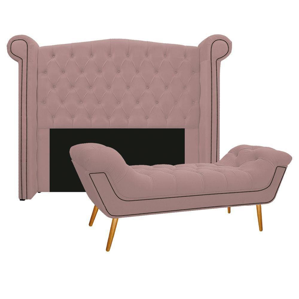 Cabeceira E Calçadeira Veneza 140 Cm Casal Suede Rosê