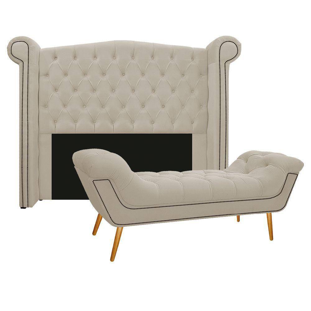 Cabeceira E Calçadeira Veneza 140 Cm Casal Suede Bege