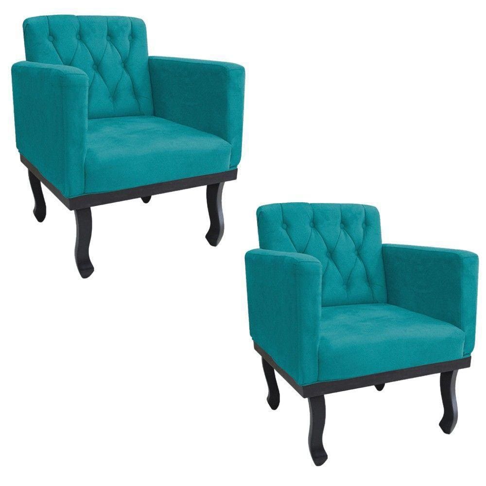 Kit 02 Poltronas Classic Pés Luís Xv Suede Azul Turquesa