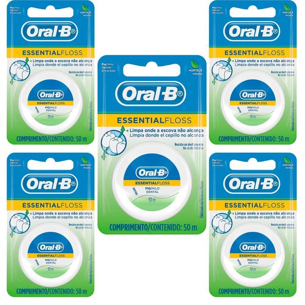 Kit 5 Fio Dental Oral-b Essential Floss Encerado Menta 50m