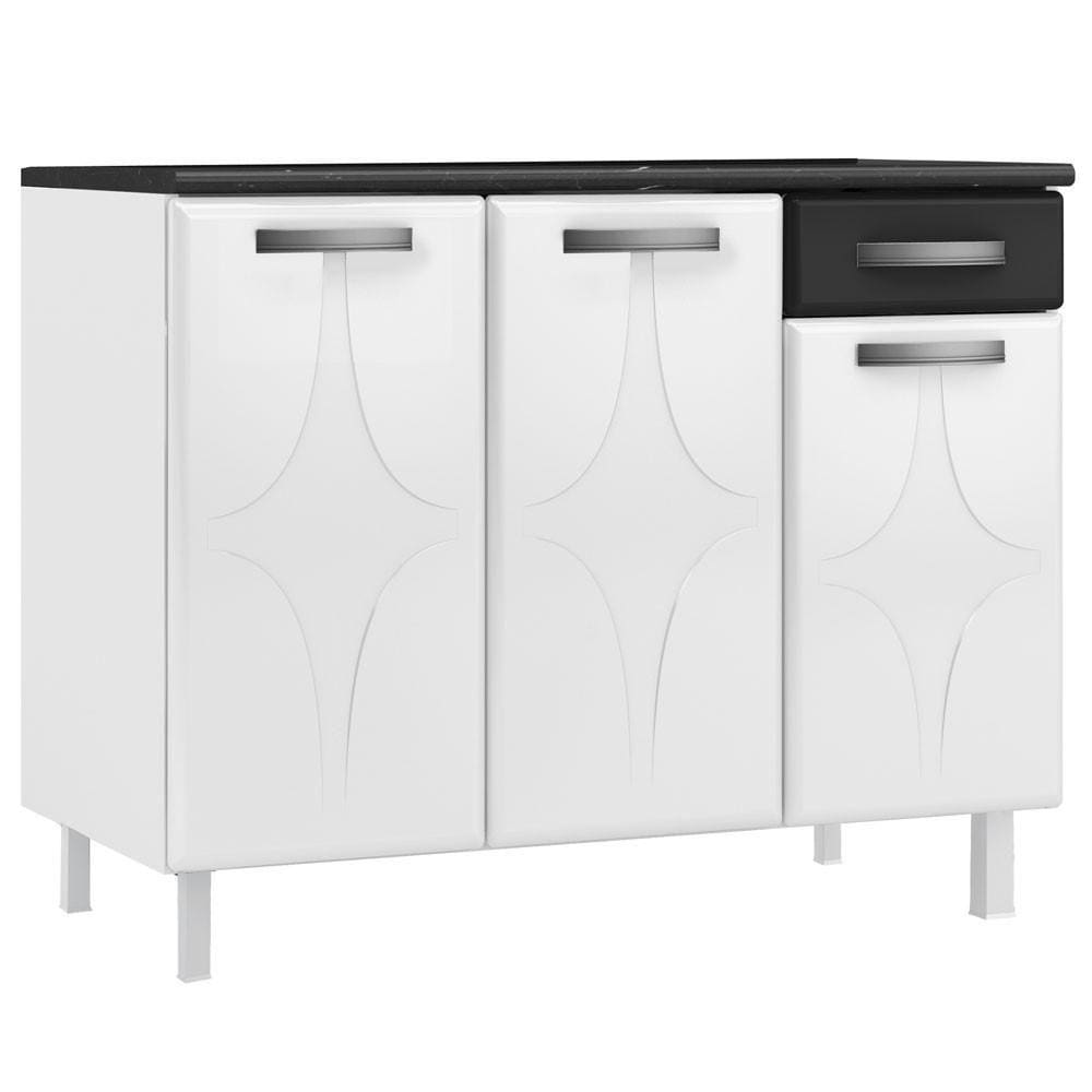 Balcão de Cozinha Com Tampo Aço Triplo Organizador 3 Portas 1 Gaveta Rubi Smart Branco Com Preto