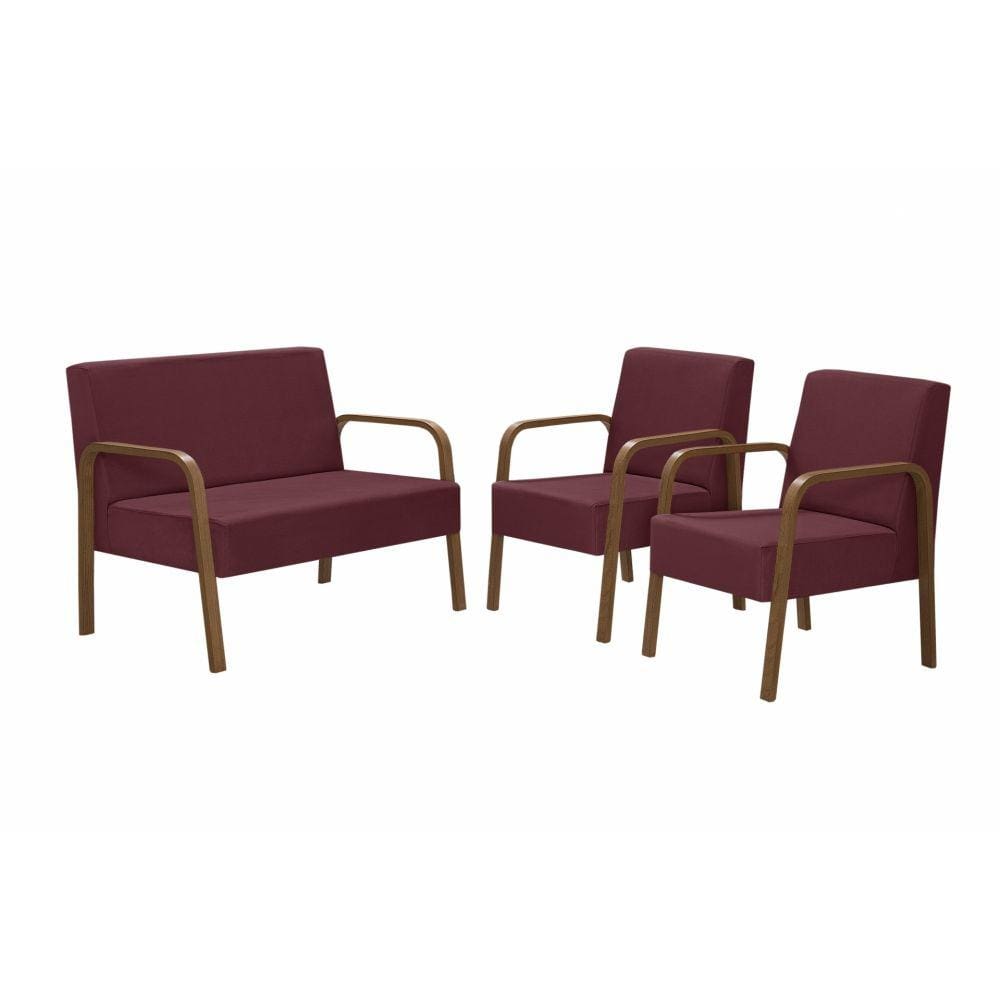 Conjunto Poltrona Luna Braço Madeira D Salla Suede Bordô