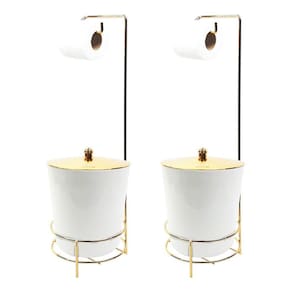 Kit 2 Suporte Porta Papel Higiênico Com Lixeira 5L Tampa Banheiro Branco Dourado - AMZ