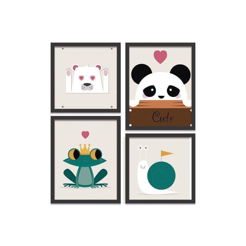 Kit 4 Mini Quadros Animais Cute Branco