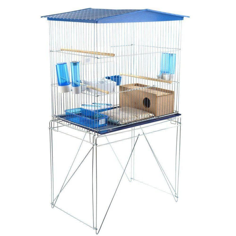 Combo Viveiro Para Pássaros Médio Azul Completo Teto Slim