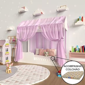 Cama Quarto Infantil Montessoriana Dakota com Voal e Colchão