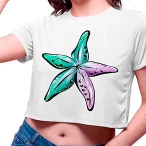 Camiseta Infantil Cropped Estrela Do Mar Azul E Roxo Fundo Do Mar