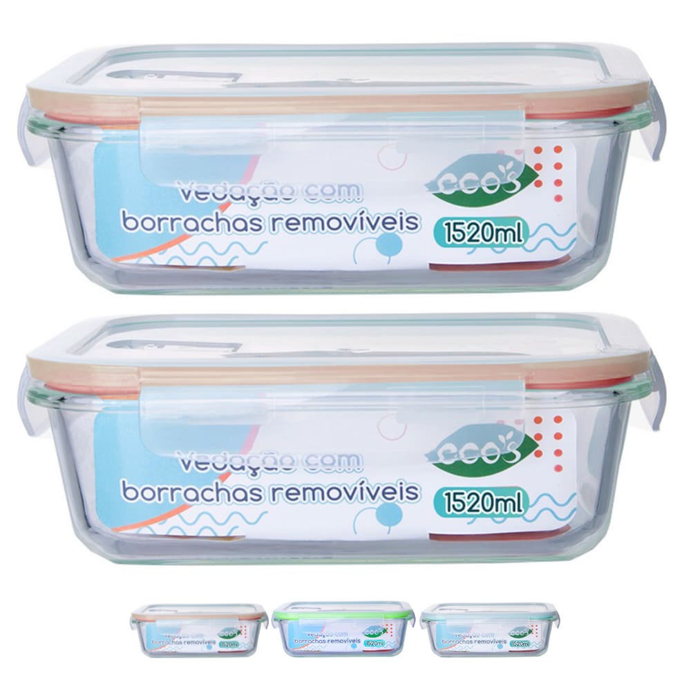 Jogo 2 Pote Vidro Retangular Tampa Hermetica 4 Trava 1520ML