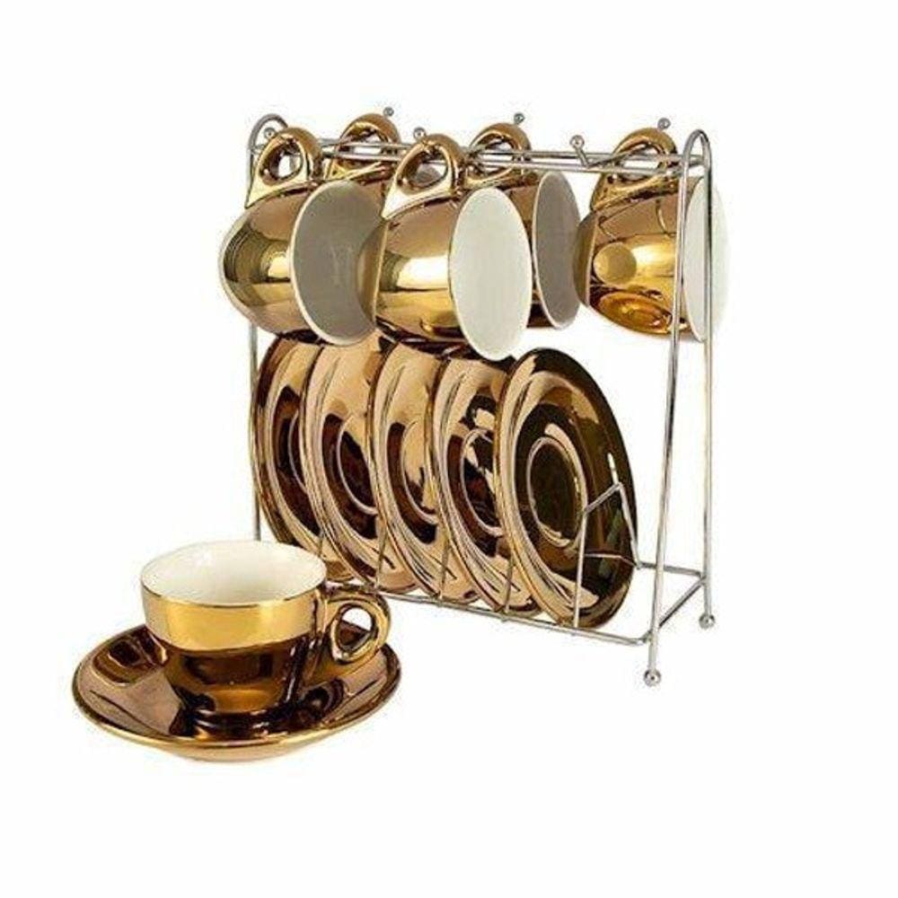 Xícara Café Nespresso Dolce Gusto Porcelana Dourado 6 Peças