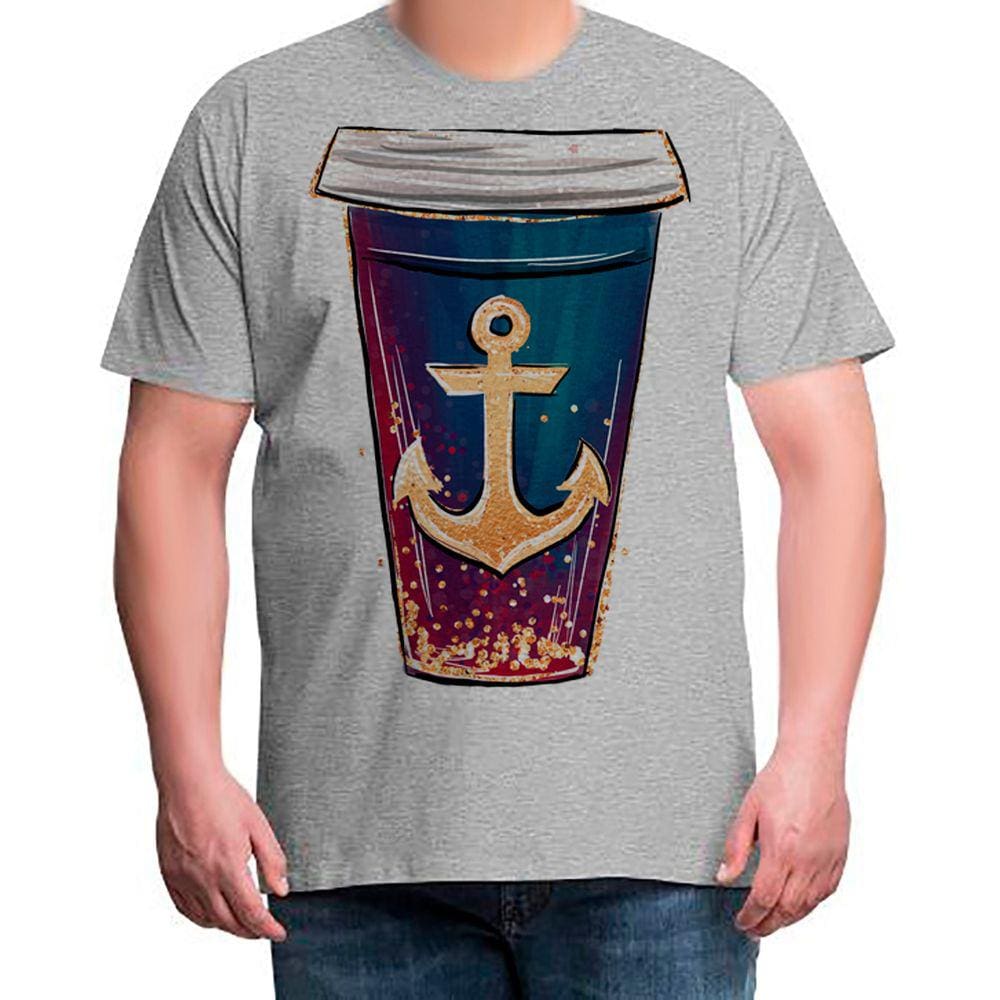 Camiseta Masculina Plus Size Copo De Coffee Com Ancora Dourado