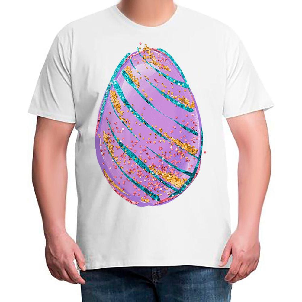 Camiseta Masculina Plus Size Ovo De Pascoa Decorado Roxo Com Dourado E Verde