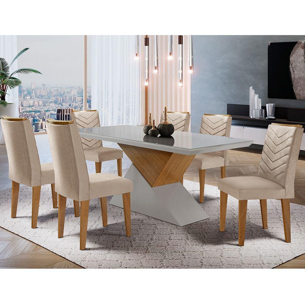 Mesa Aster 180 Tampo em MDF e Vidro com 6 Cadeiras Liz Moderna