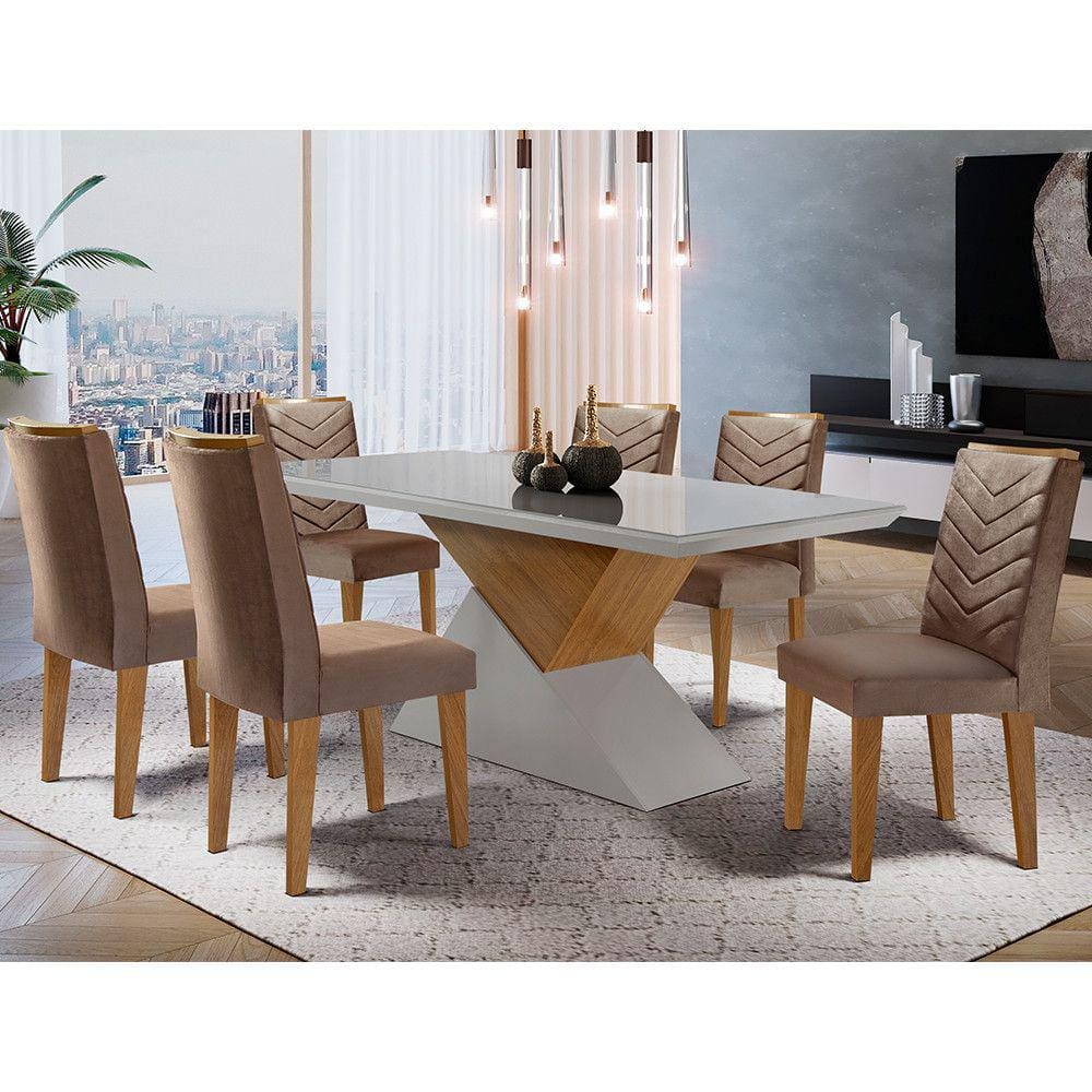 Mesa Aster 180 Tampo em MDF e Vidro com 6 Cadeiras Liz Moderna