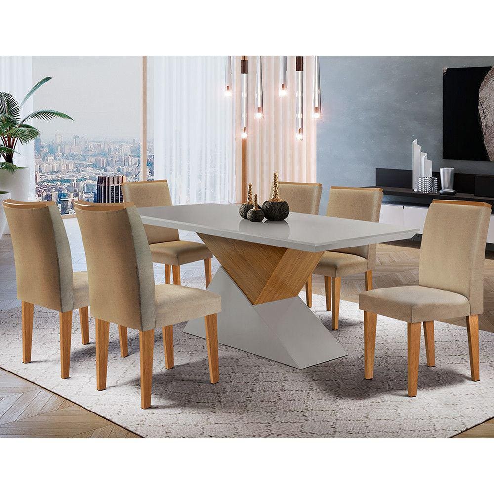 Mesa Aster 180 Tampo em MDF Canto Reto com 6 Cadeiras Lunara Moderna