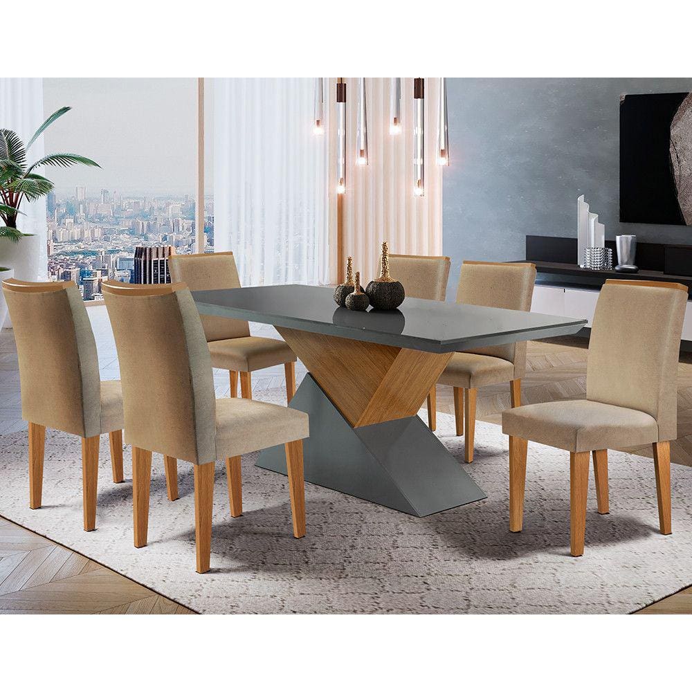 Mesa Aster 180 Tampo em MDF Canto Reto com 6 Cadeiras Lunara Moderna