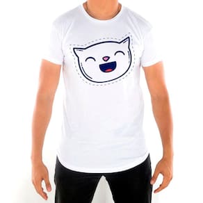 Camiseta Masculina Longline Gatinho Azul Feliz
