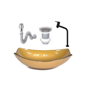 Cuba De Vidro Oval Chanfrada 46Cm Dourado Real + Valvula + Torneira Metal Preta + Sifao