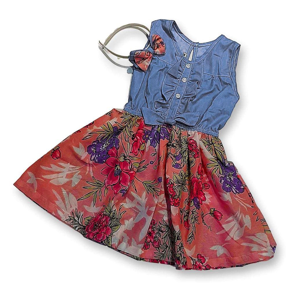 Vestido Infantil Menina Jeans Saia Florida Festa Ano Novo