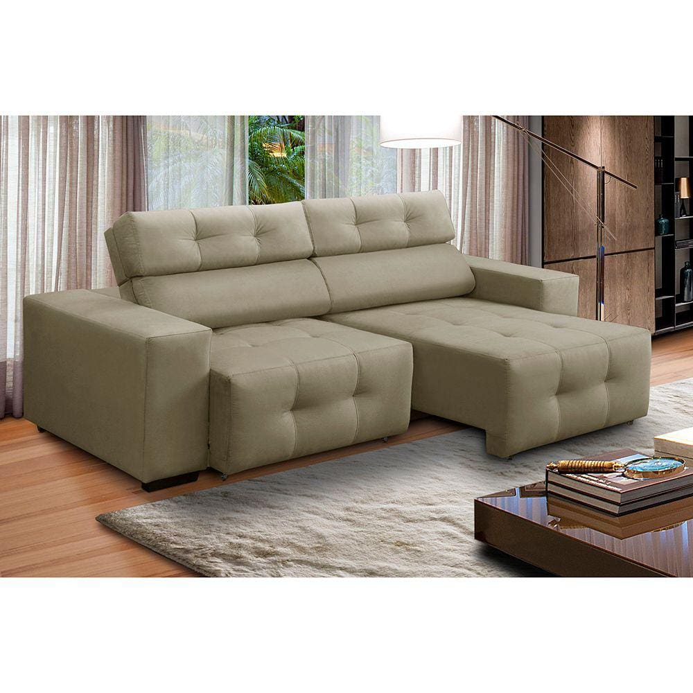 Sofá 3 Lugares Retrátil e Reclinável Mariana 2,10m Suede Bege Madelina Decor