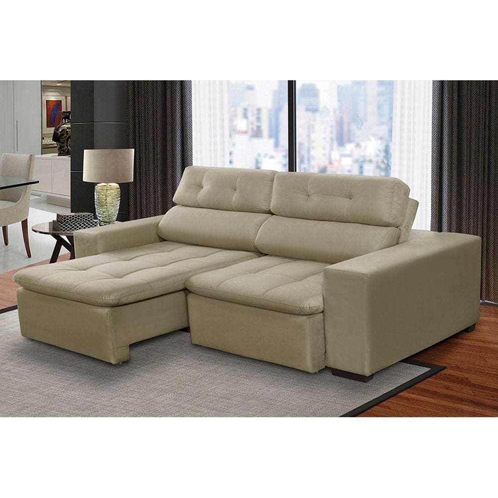 Sofá 3 Lugares Retrátil e Reclinável Antonela 2,10m Suede Bege Madelina Decor