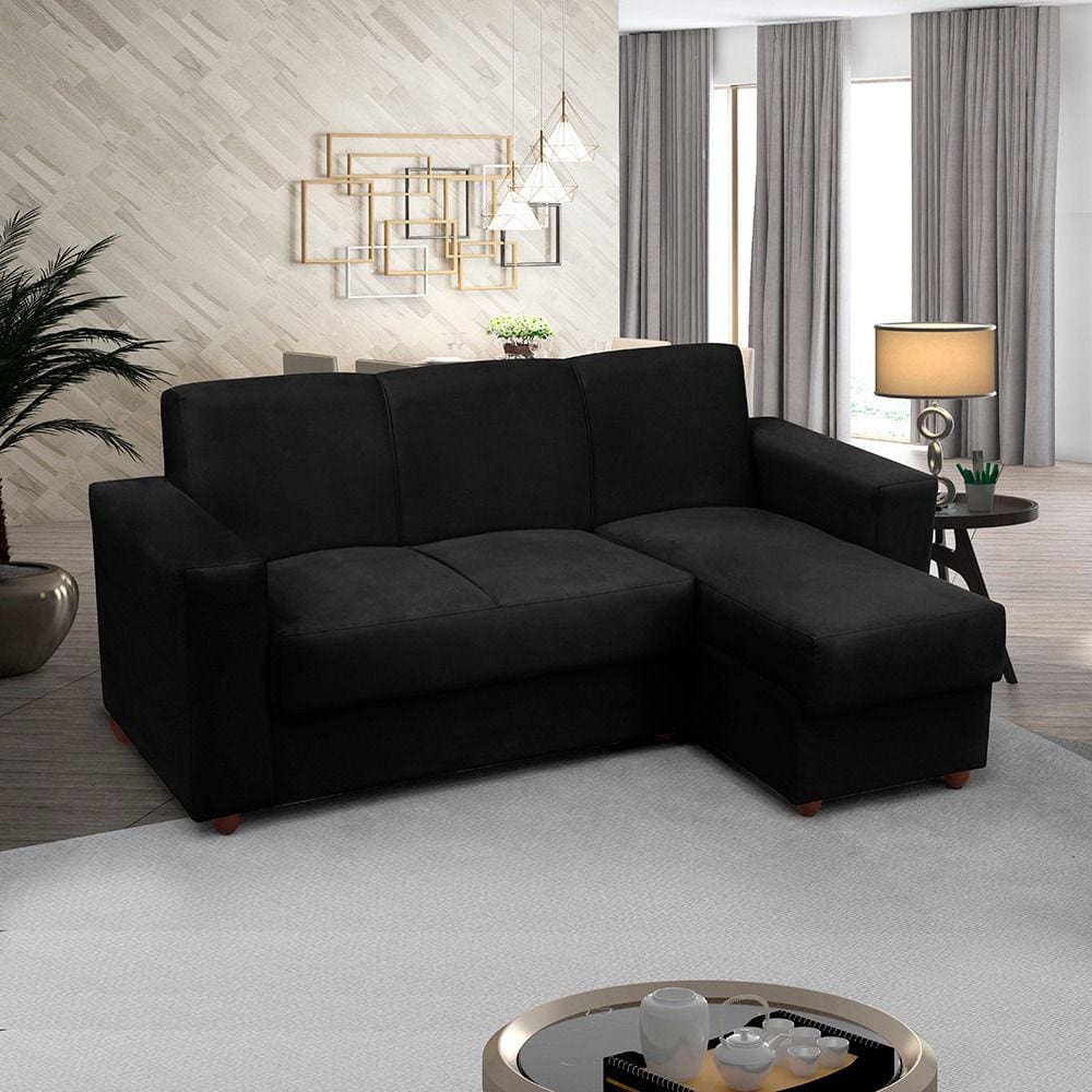Sofá 3 lugares com Chaise LD Bia Suede Preto Madelina Decor