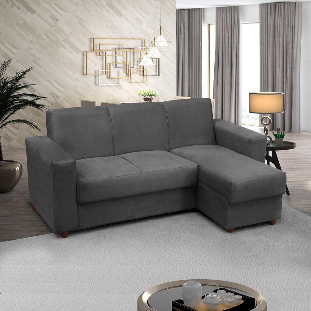 Sofá 3 lugares com Chaise LD Bia Suede Cinza Madelina Decor