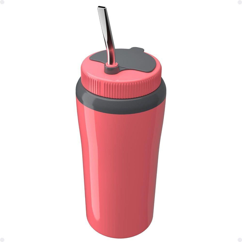 Copo Térmico Tereré Rosa 650Ml Com Tampa E Bomba Canudo Inox