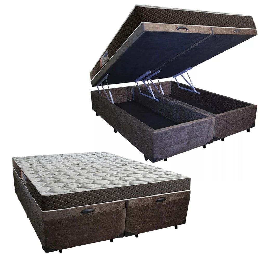 Cama Box Baú Queen Colchão Mola Ensacada Belos Sonhos + Box Suede 65x158x198 Marrom