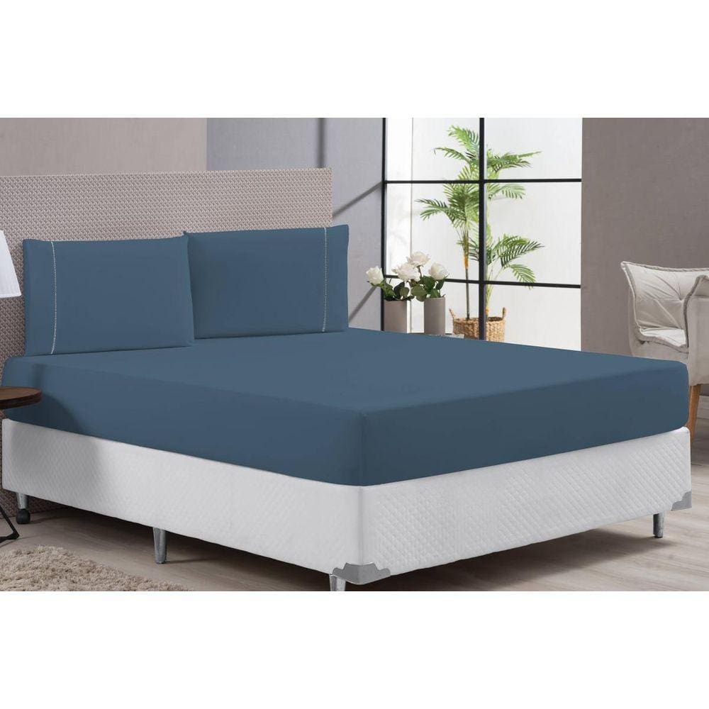 Lençol King Size Azul 400 Fios Hospital Hotel 3 Peças
