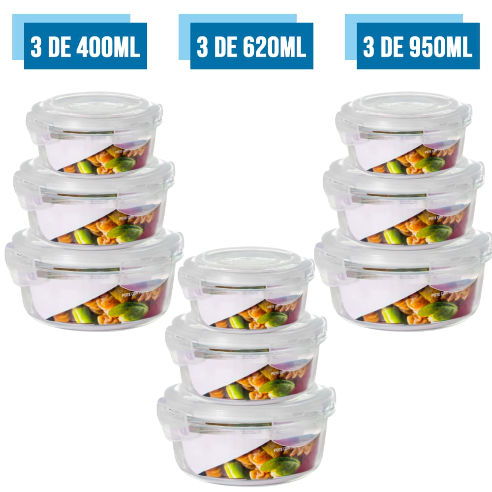 Conjunto 9 Tamanhos Pote Hermético Vidro Kit Redondo