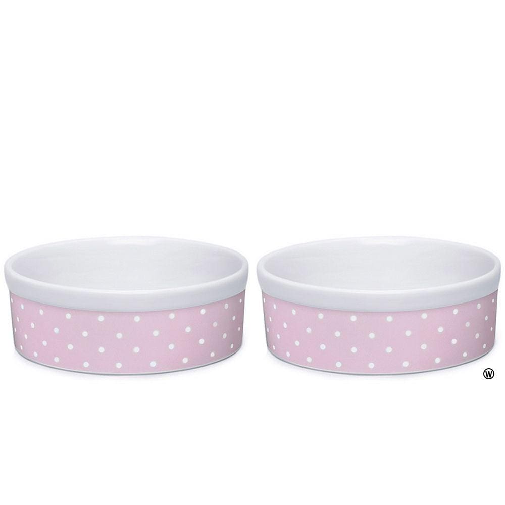 Kit Comedouro e Bebedouro de Porcelana 600ml Rosa Bolinhas