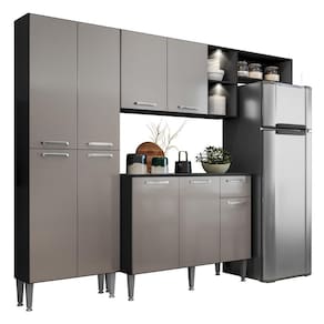 Cozinha Compacta Multimóveis Pequim FG3572 com 2 Leds Armário e Balcão Preta/Lacca Fumê