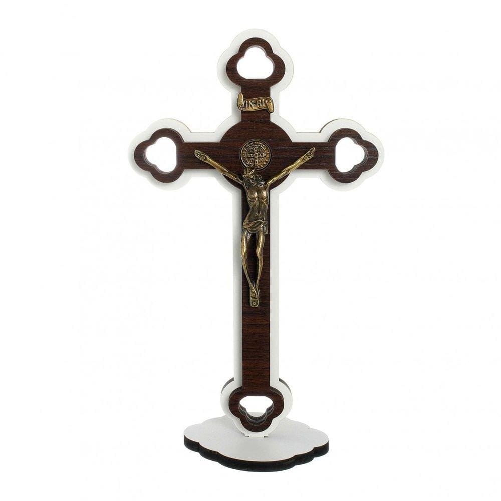 Crucifixo de Mesa com medalha de São Bento - Branco 24cm