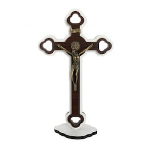 Crucifixo de Mesa com medalha de São Bento - Branco 24cm