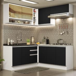 Cozinha Completa de Canto Madesa Glamy 349002 com Armário e Balcão (Sem Tampo e Pia) - Branco/Preto