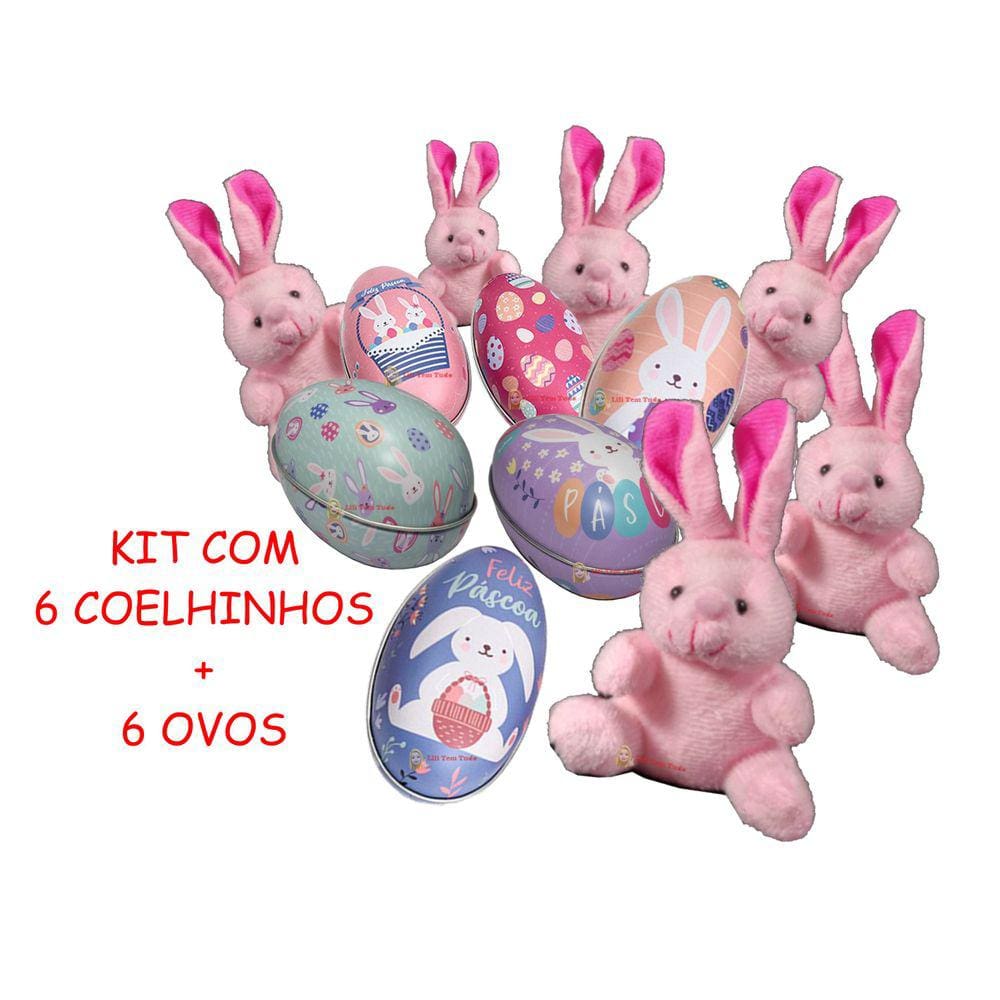 KIT 6 Coelho Rosa da Pascoa 6 Ovo de Metal Colecionavel