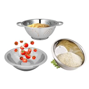Kit Aço Inox 3 peças Escorredor de Macarrão, Arroz e Saladeira 24cm - Mundial Import