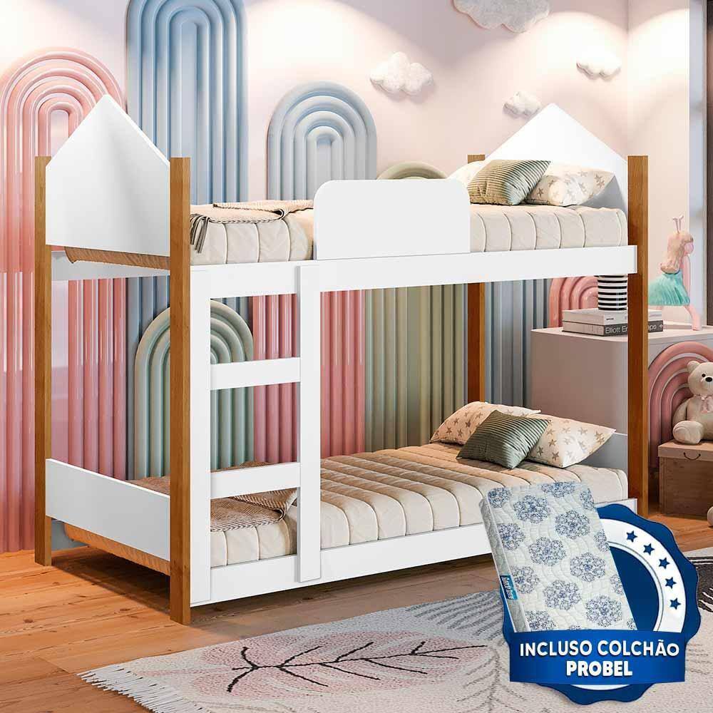 Beliche Infantil Casinha Branca Magia Gabrielli Com 2 Colchões Probel Guarda Costas - Branco