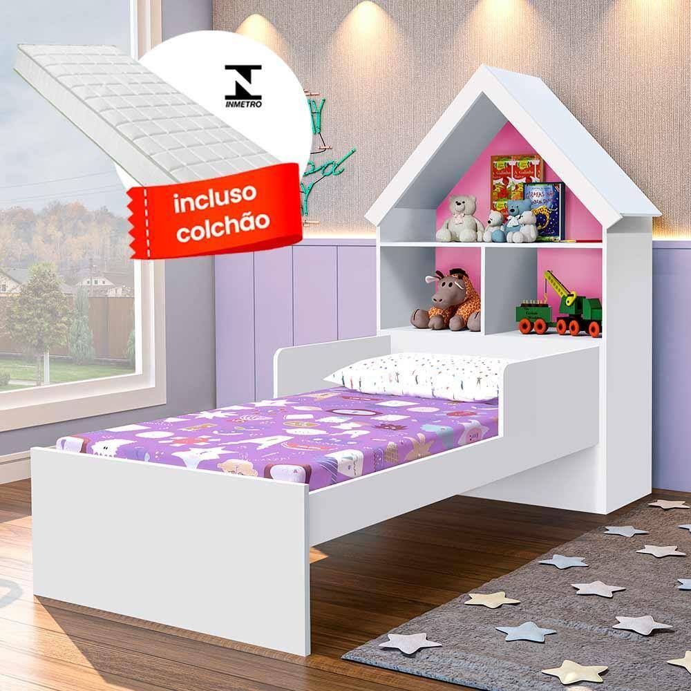 Cama Infantil Com Colchão E Prateleiras Casinha Branco Flex Magia Gabrielli Móveis - Branco